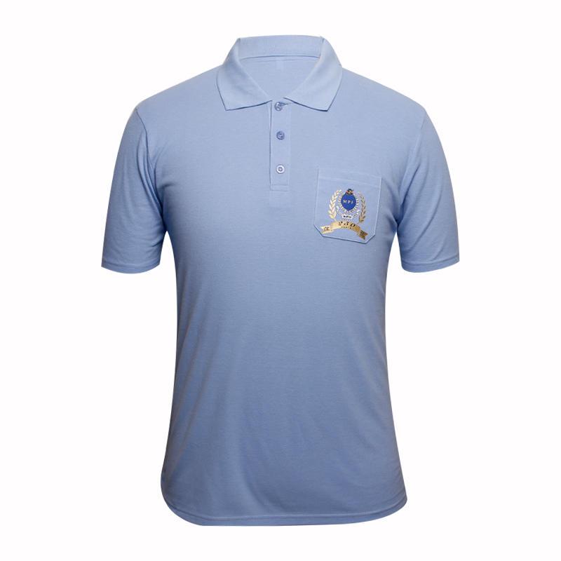 blue polo shirts with pocket on chest with printed logo